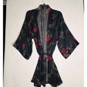 California Dynasty Kimono Robe Womens M-L Black Red Roses Vintage Sheer Sexy